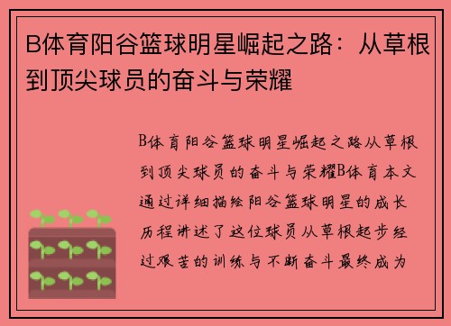 B体育阳谷篮球明星崛起之路：从草根到顶尖球员的奋斗与荣耀