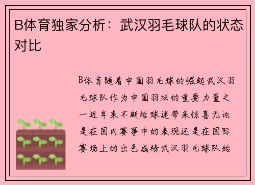 B体育独家分析：武汉羽毛球队的状态对比