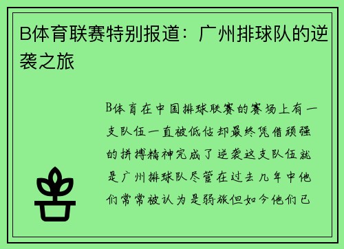 B体育联赛特别报道：广州排球队的逆袭之旅